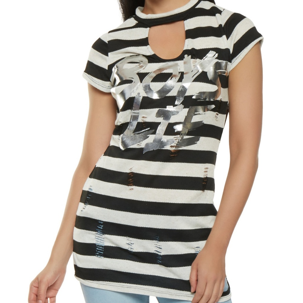 NEW Keyhole Frayed Tunic Distressed Striped Top